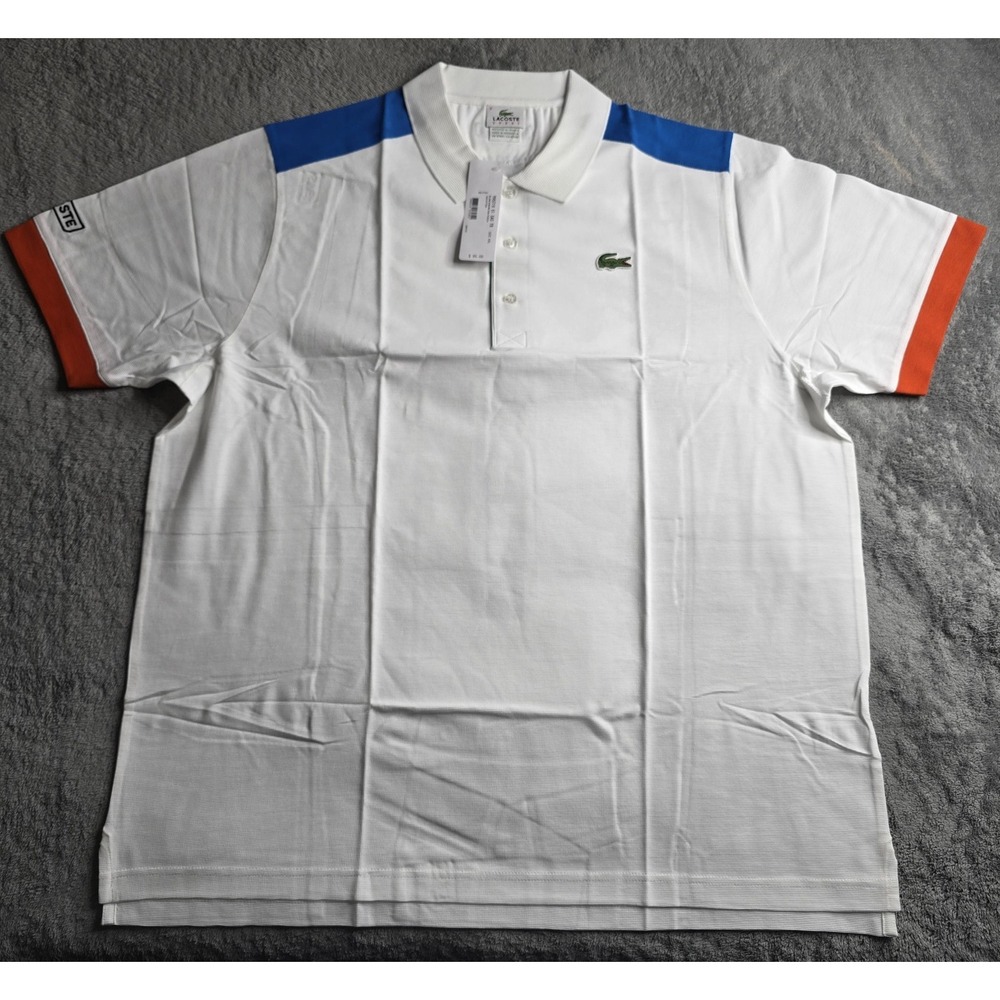 Lacoste Sport Polo Shirt Mens Size 8 White Orange Blue Colorblock Logo Luxury
